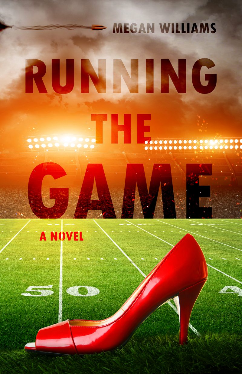 Running the Game by Megan Williams: a red stiletto on the 50-yard line of a football stadium at dusk.